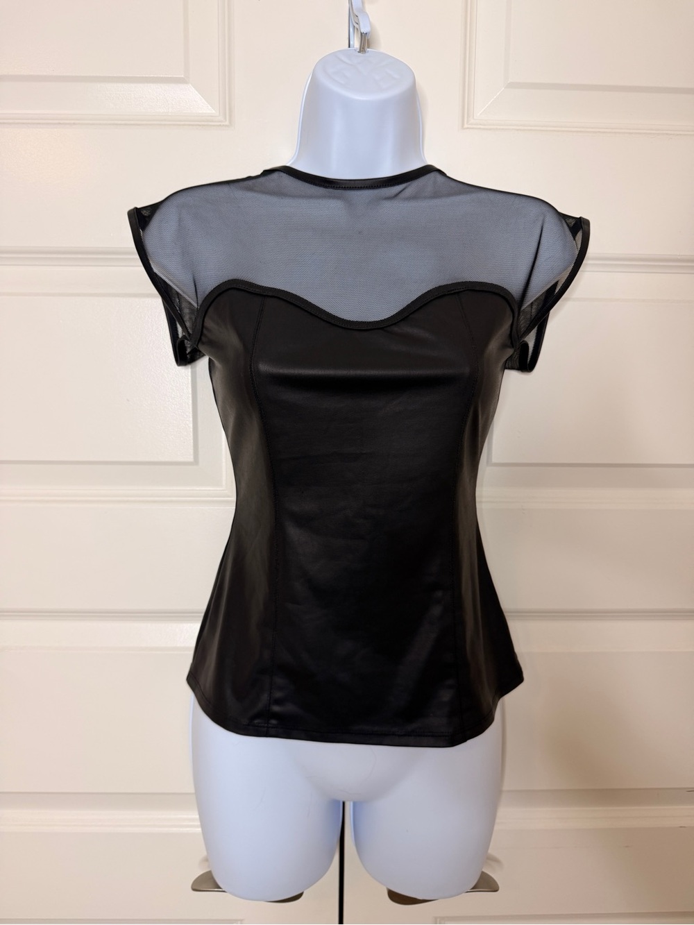 bebe Black Faux Leather & Sheer Mesh Yoke Top